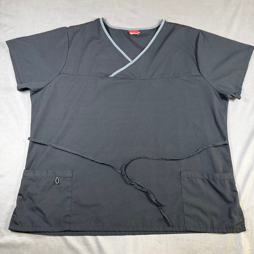 Denice Mock Wrap Scrub‎ Top Womens 3XL Black Contrast Trim Back Tie Medical Care
